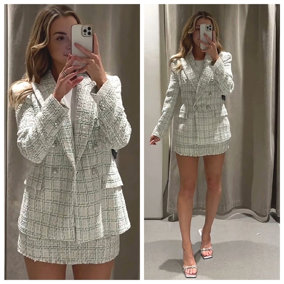 ZARA Set Double Breasted Textured Weave Tweed Jacket and Skort - Picture 5 of 15